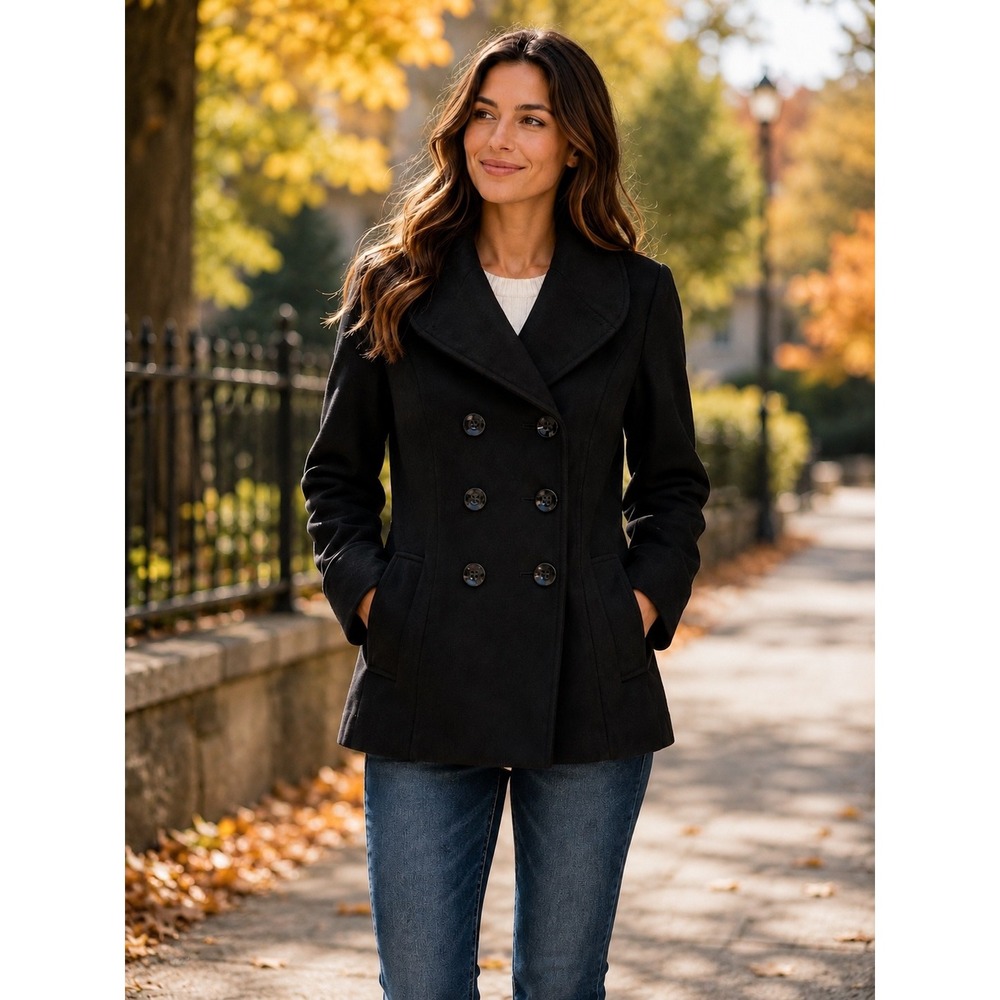 Steve Madden Ladies VTG Black Double Breasted Wool Blend Peacoat Large Timeless